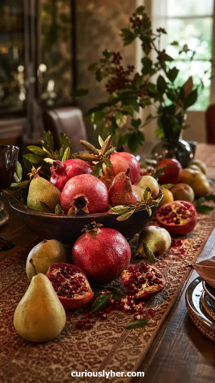 6. The Pomegranate And Pear Fruit Bowl Spilling Across The Table Runner