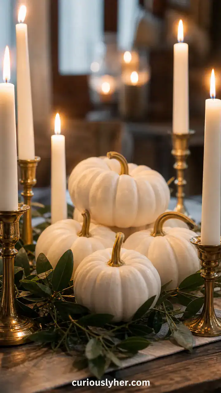 7. A Cluster Of Mini White Pumpkins Nestled Between Taper Candles