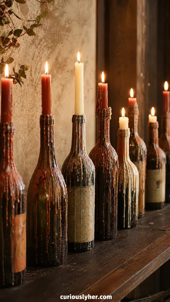 9. A Wine Bottle Candle Row With Wax Dripping In Rust And Cream
