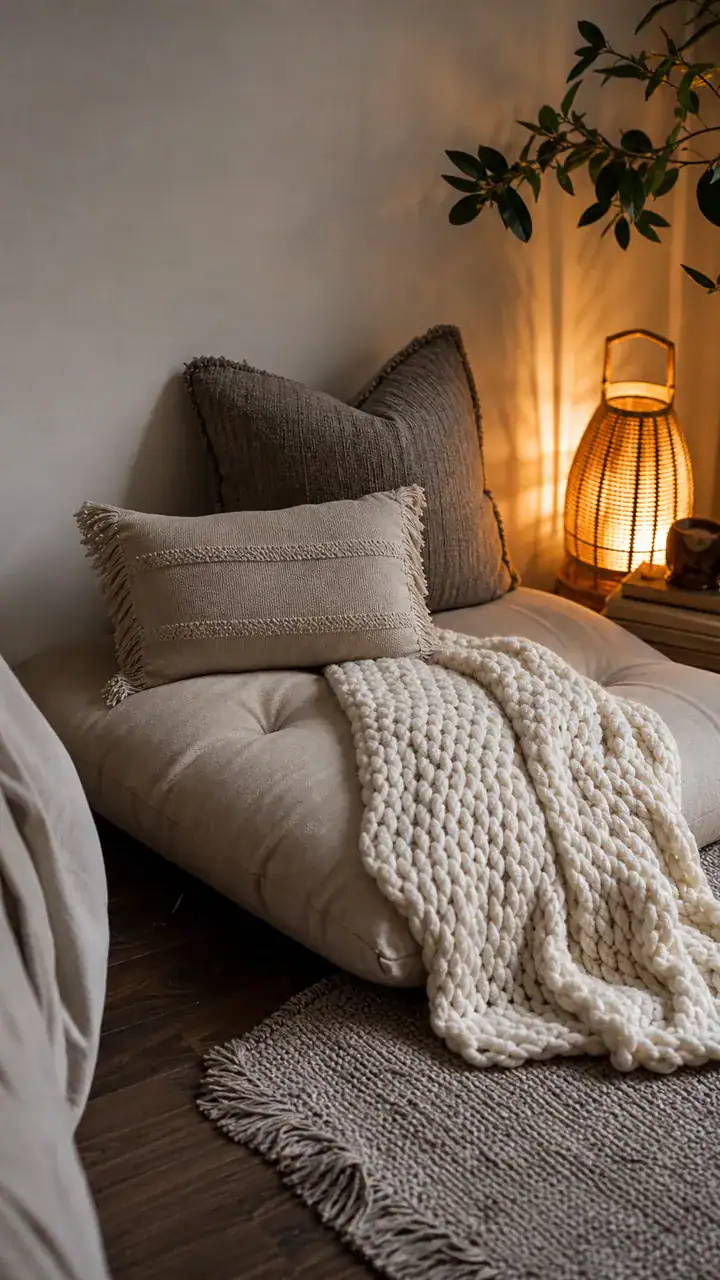 11. A Cozy Floor Pillow Corner With A Chunky Knit Throw For Extra Guests