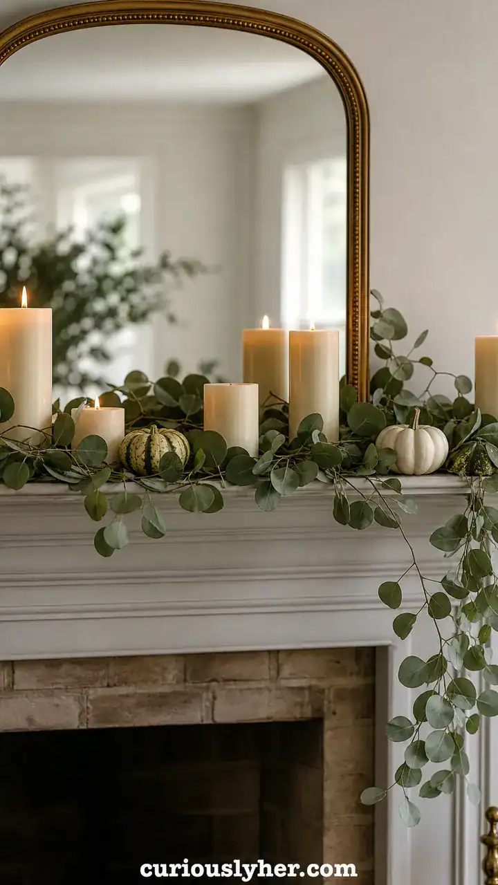 12. Your Mantel Dressed In Eucalyptus, Pillar Candles, And Tiny Gourds