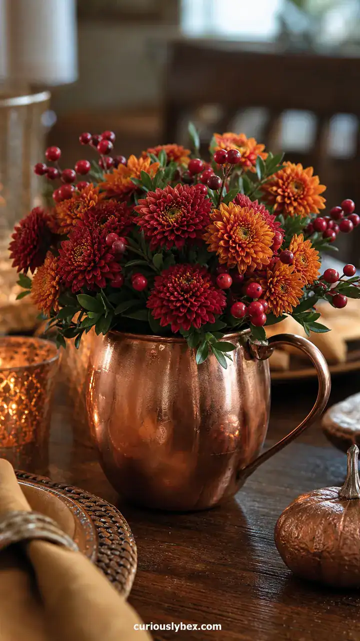 13. A Copper Mug Centerpiece Filled With Little Mums And Berries