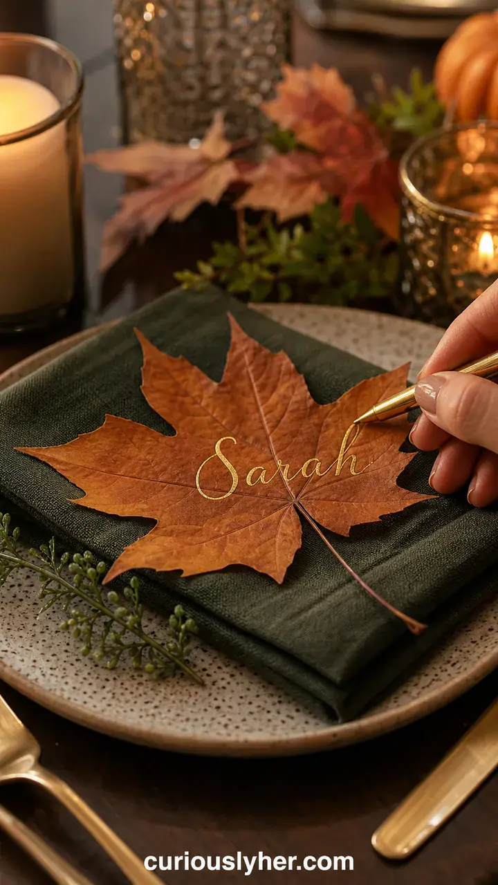 14. The Place Cards Written On Real Autumn Leaves With A Gold Pen