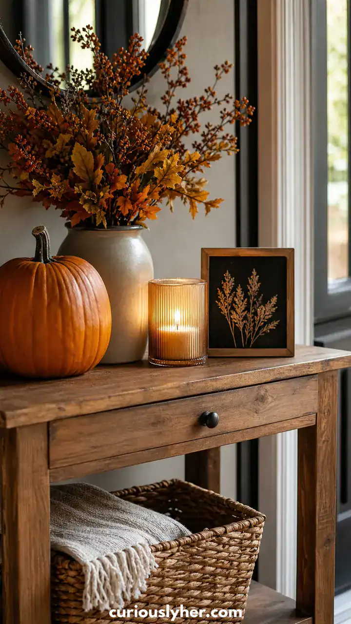 16. Your Entryway Welcome Table With A Pumpkin, A Candle, And A Gratitude Sign