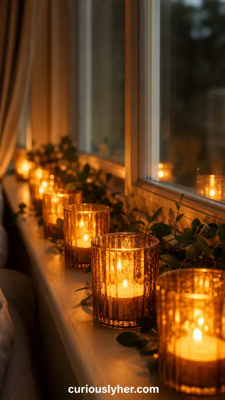17. A Warm Amber Glass Votive Trail Glowing Along The Windowsill