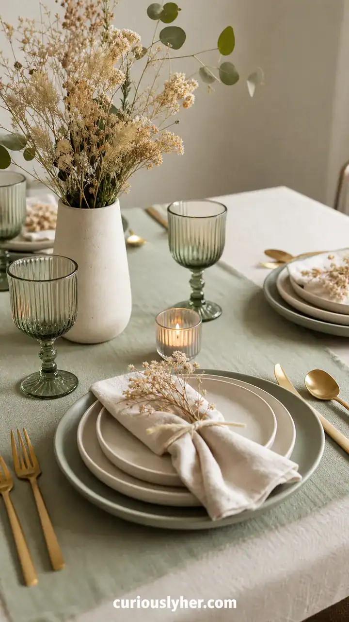 21. A Sage Green And Cream Table With Soft Matte Plates And Dried Florals