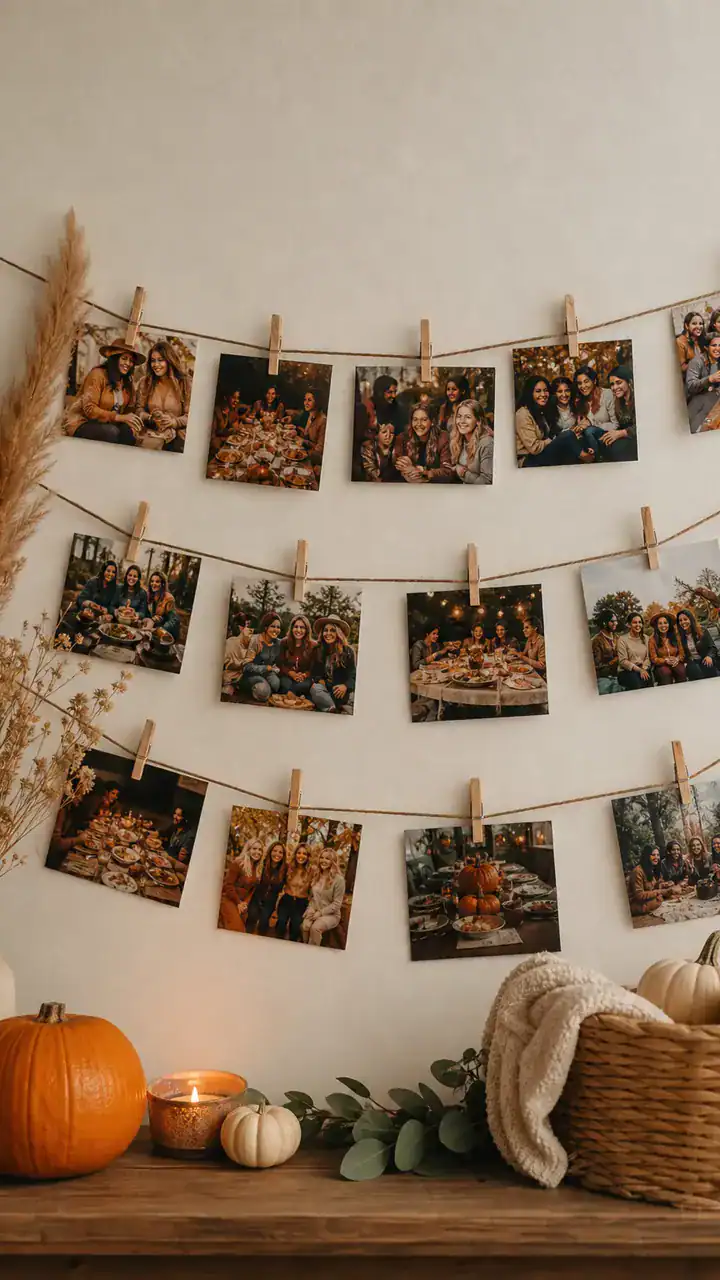 25. A Little Photo Wall Of Past Friendsgiving Memories Clipped To Twine