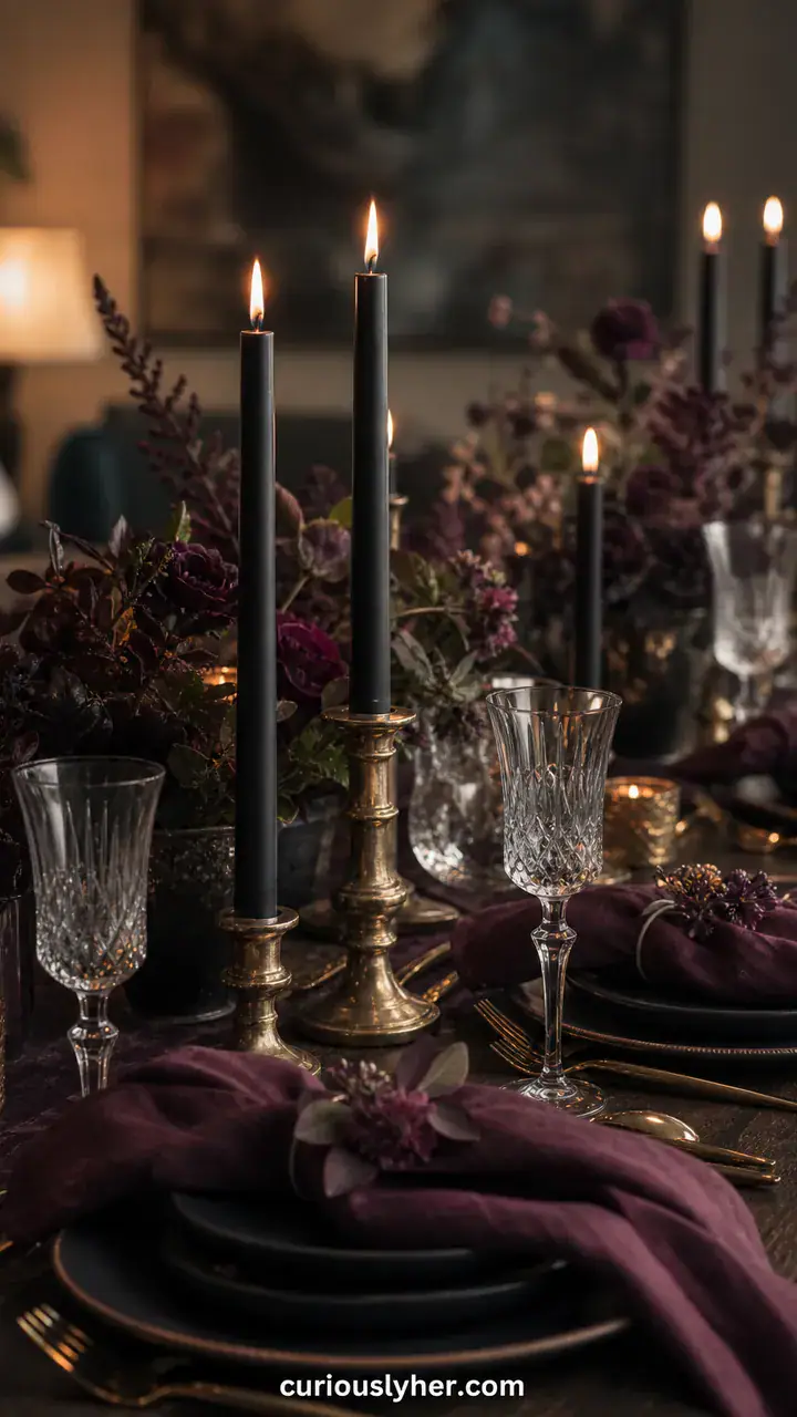1. A Moody Tablescape With Deep Plum Napkins And Black Taper Candles