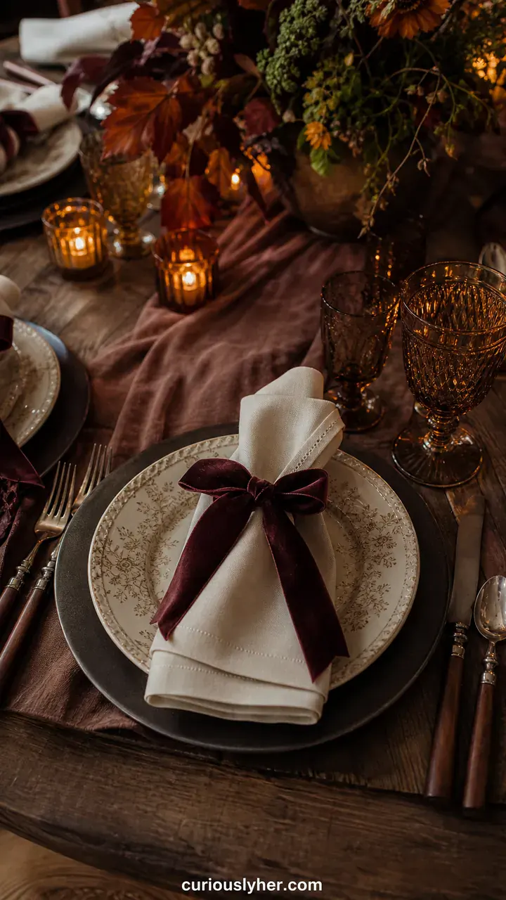 7. A Fall Place Setting With A Velvet Ribbon Wrapped Around Every Napkin