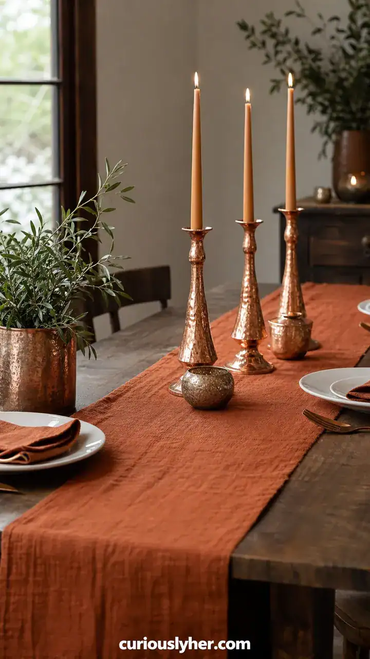 8. Your Table With A Burnt Orange Linen Runner And Copper Candlesticks