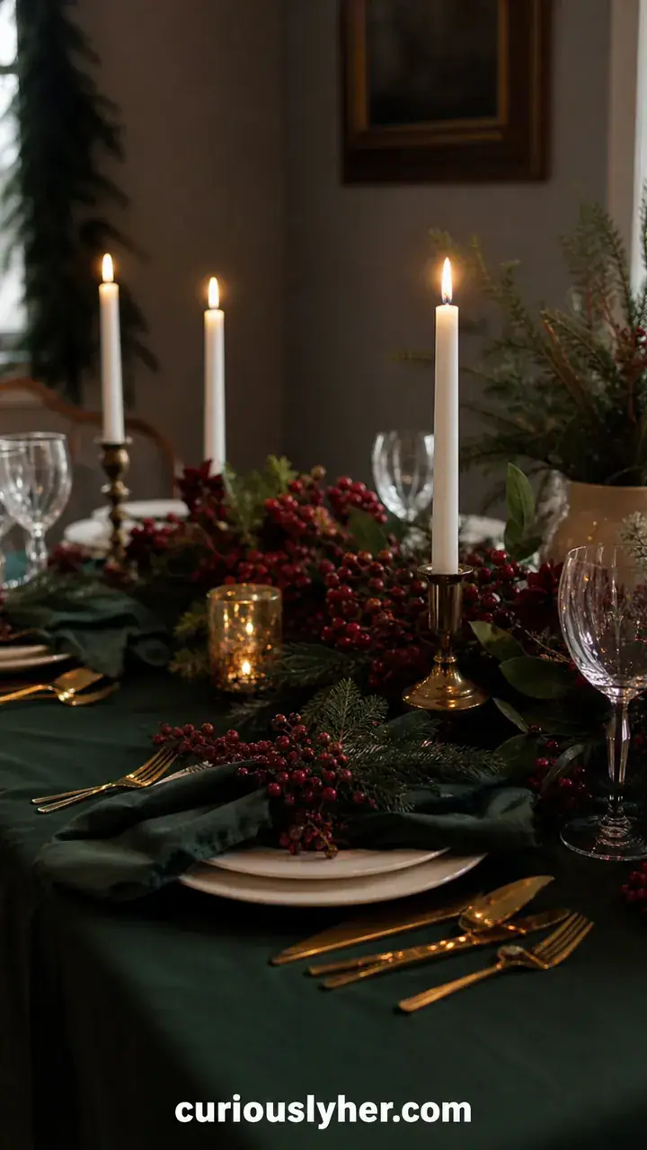 15. A Dark Green Tablecloth With Cranberry Accents And White Taper Candles