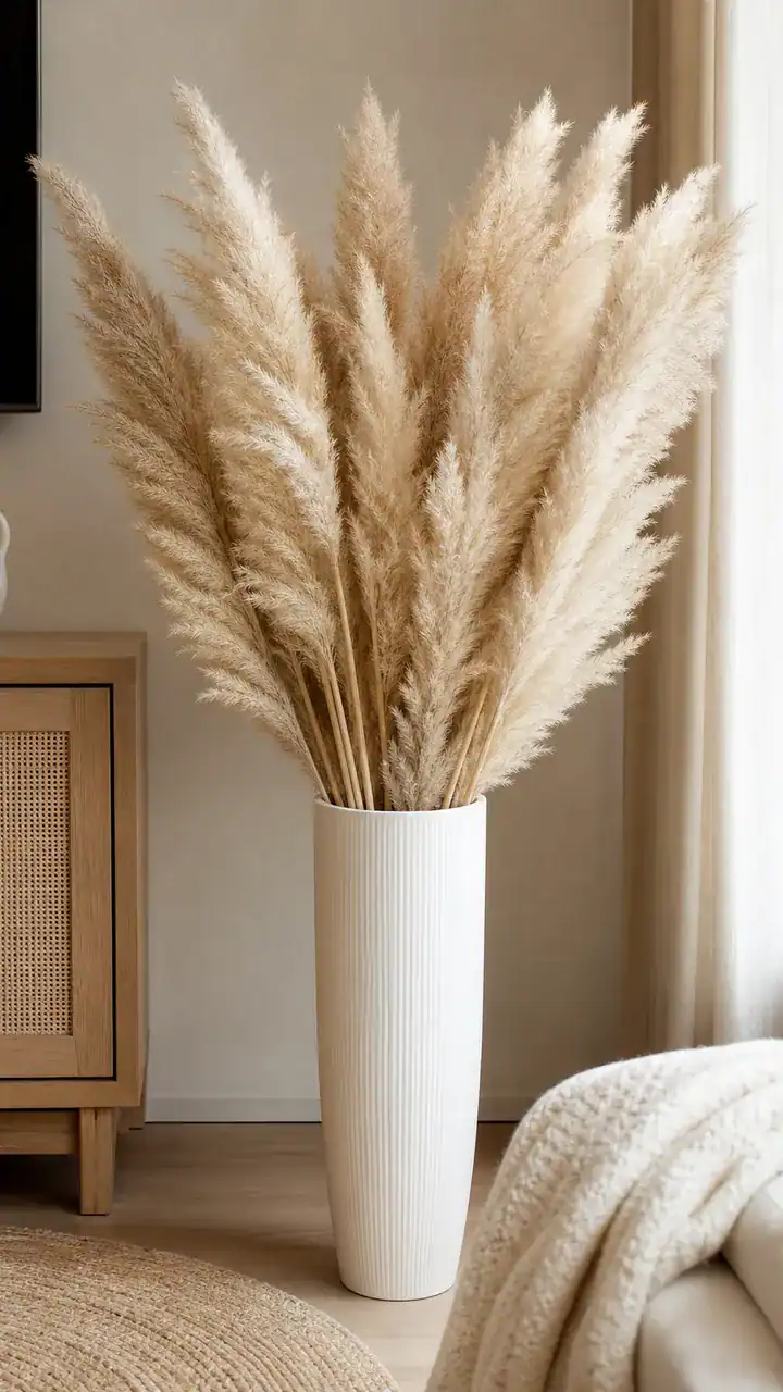 7. A Fluffy Pampas Grass Arrangement in a Tall White Vase