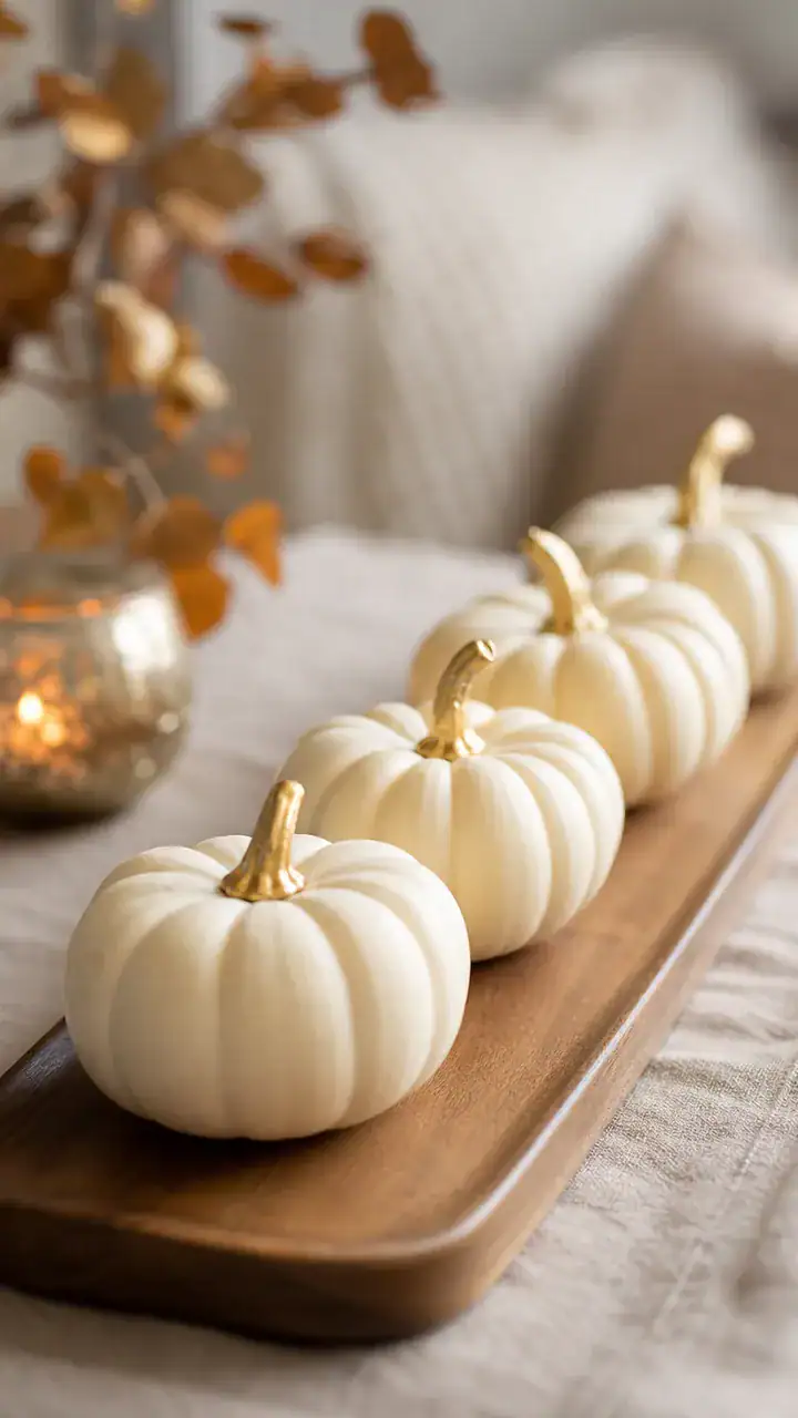 11. A Row of Mini Pumpkins With Gold Painted Stems