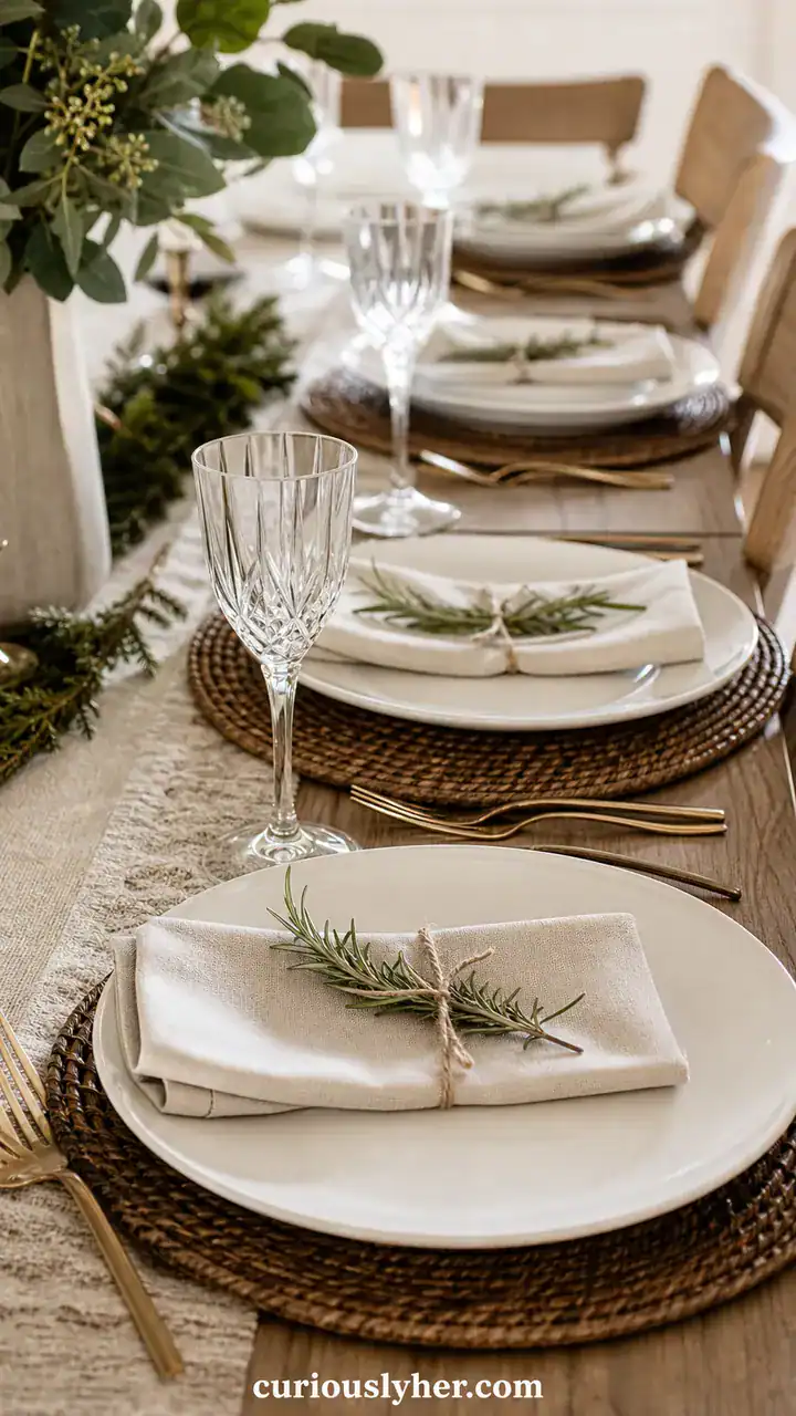 1. A Plain White Plate Setting With a Sprig of Rosemary on Each Napkin