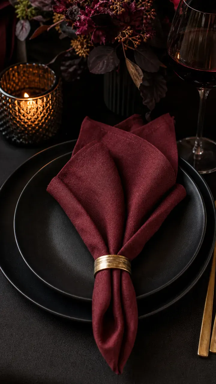 6. The Moody Black Plate Setting With a Burgundy Napkin Fold
