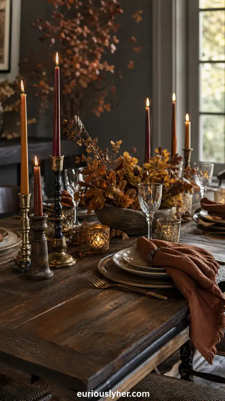 1. A Cozy Fall Table With Mismatched Candlesticks And Rust Linen Napkins