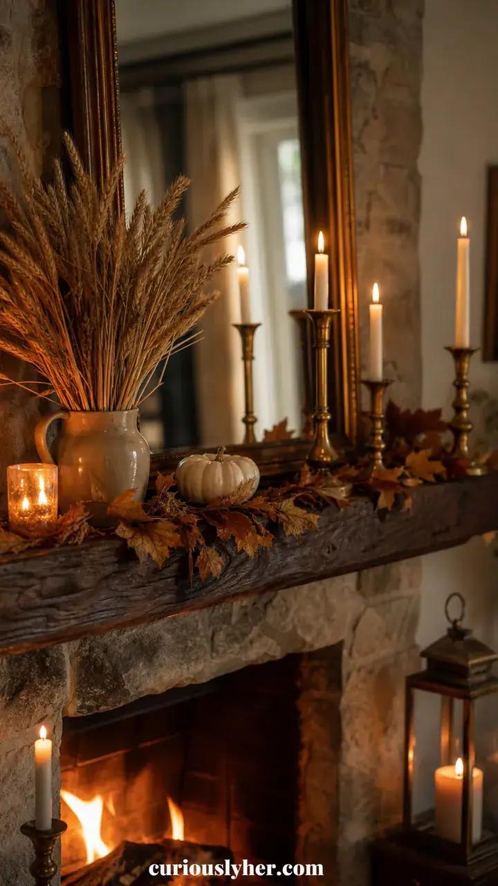 2. The Harvest Mantel With Dried Wheat And Warm Brass Candles