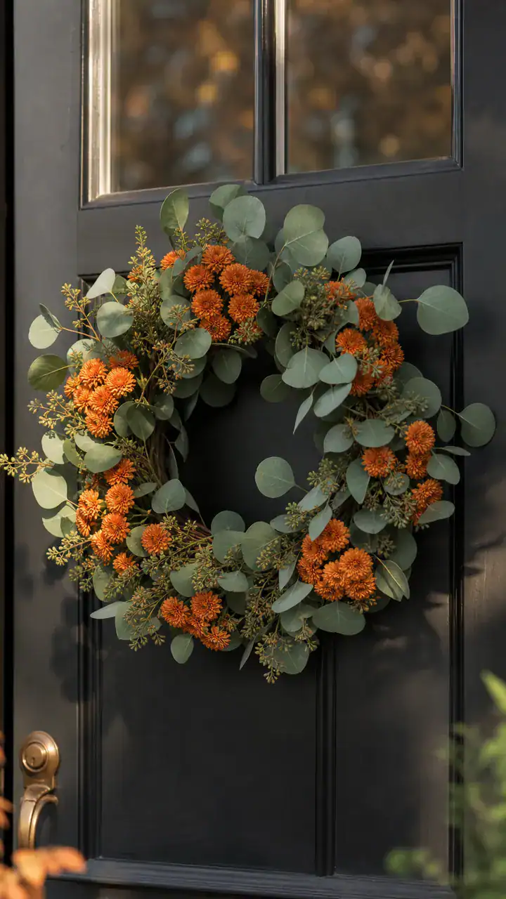 3. A Front Door Wreath Made Of Eucalyptus And Little Orange Mums