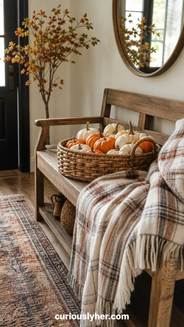 4. Your Entryway Bench With A Basket Of Mini Pumpkins And A Plaid Throw