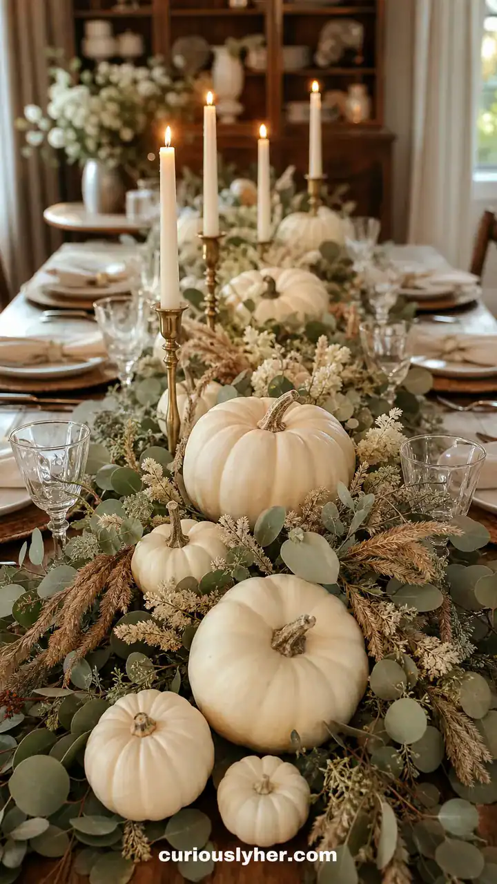 5. A Cream Pumpkin Centerpiece Spilling Down The Middle Of The Dinner Table