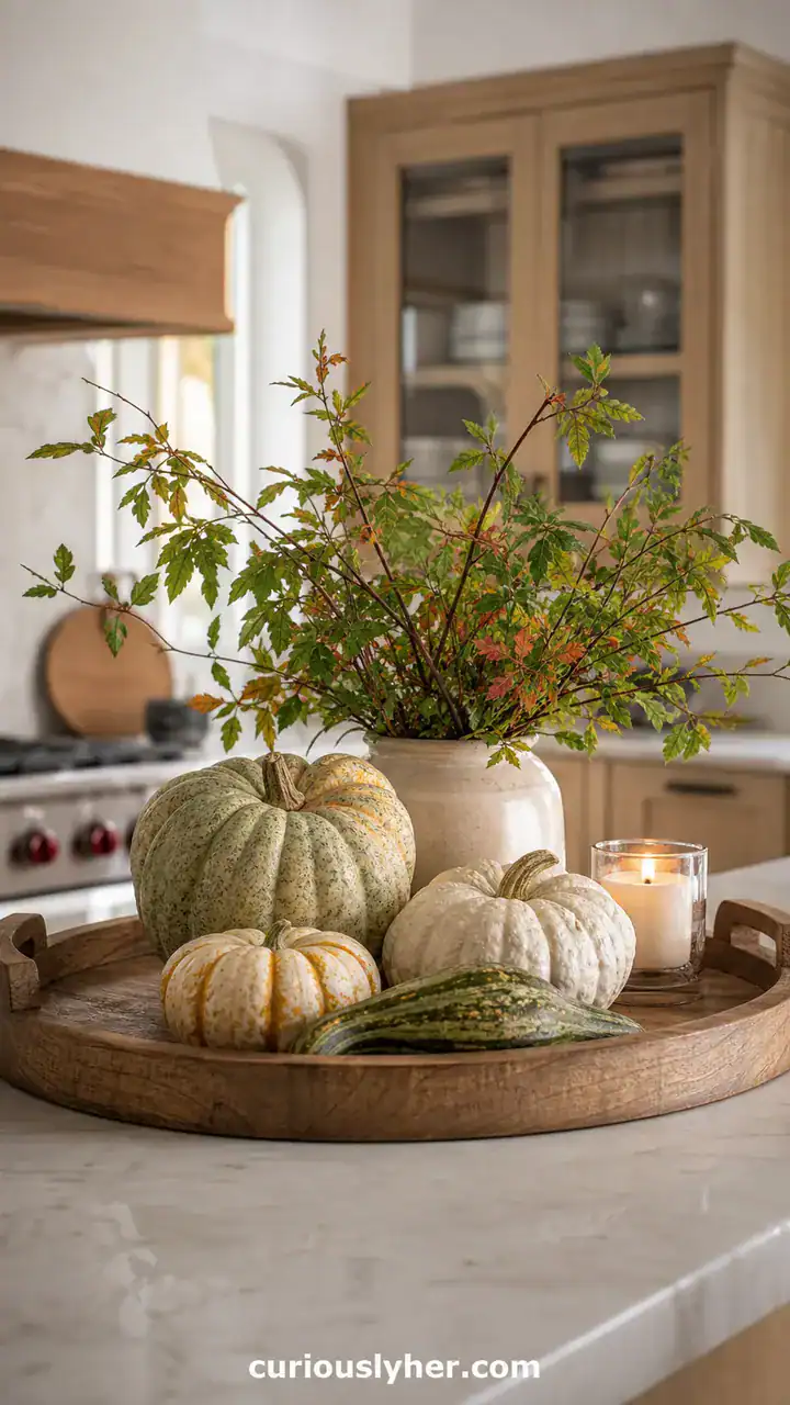 7. A Kitchen Island Dressed Up With A Wooden Tray And Gourds