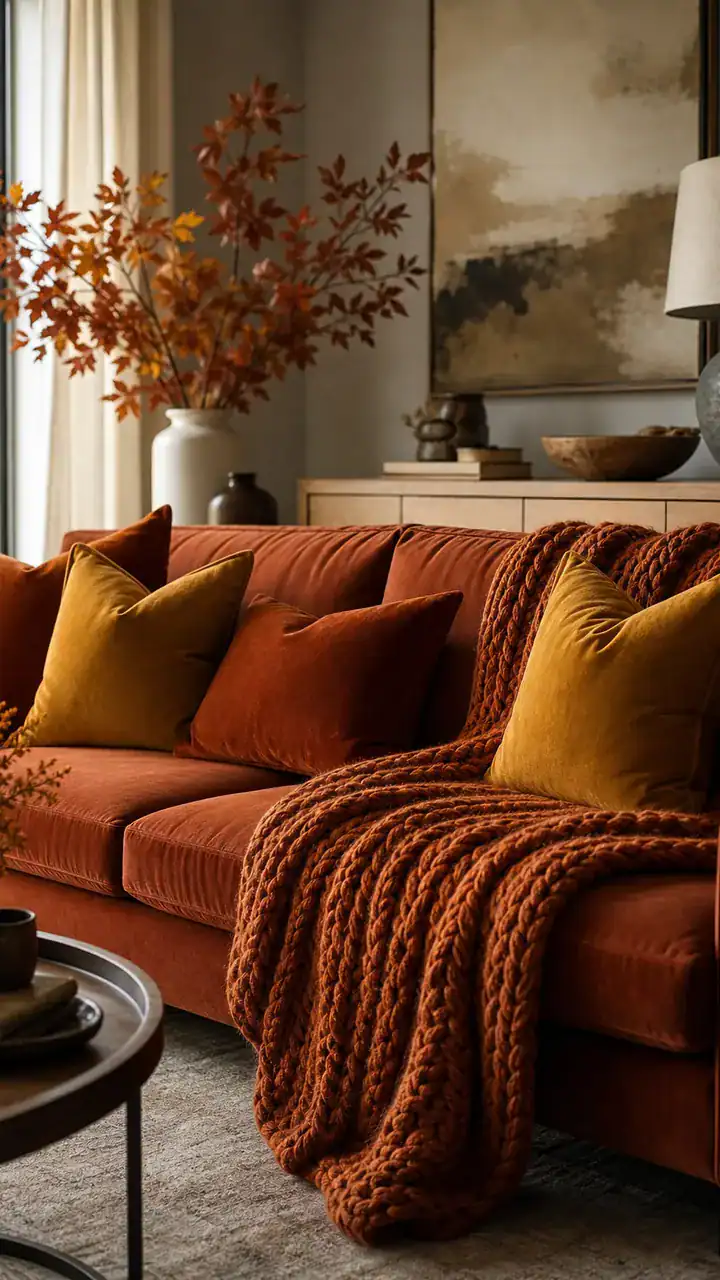 8. Your Sofa In Burnt Orange And Mustard Pillows With A Chunky Knit Blanket