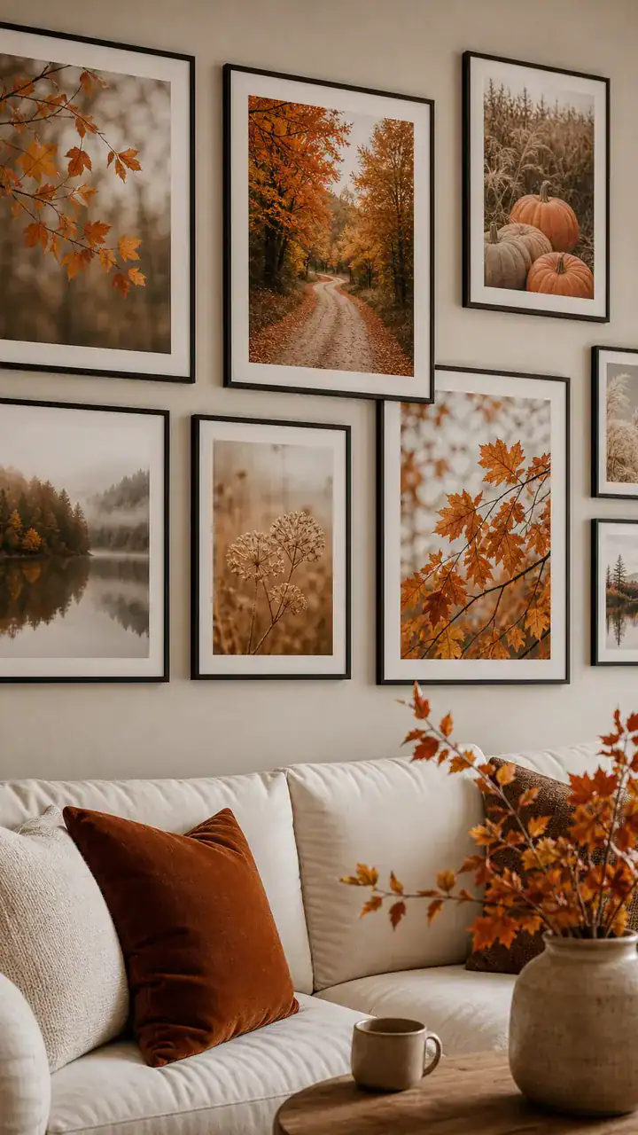 9. A Gallery Wall Of Autumn Prints In Thin Black Frames