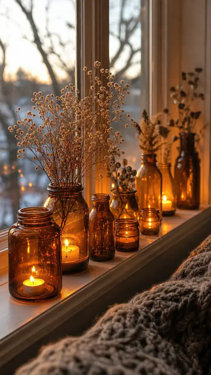 11. A Window Sill Lined With Glowing Amber Glass Jars