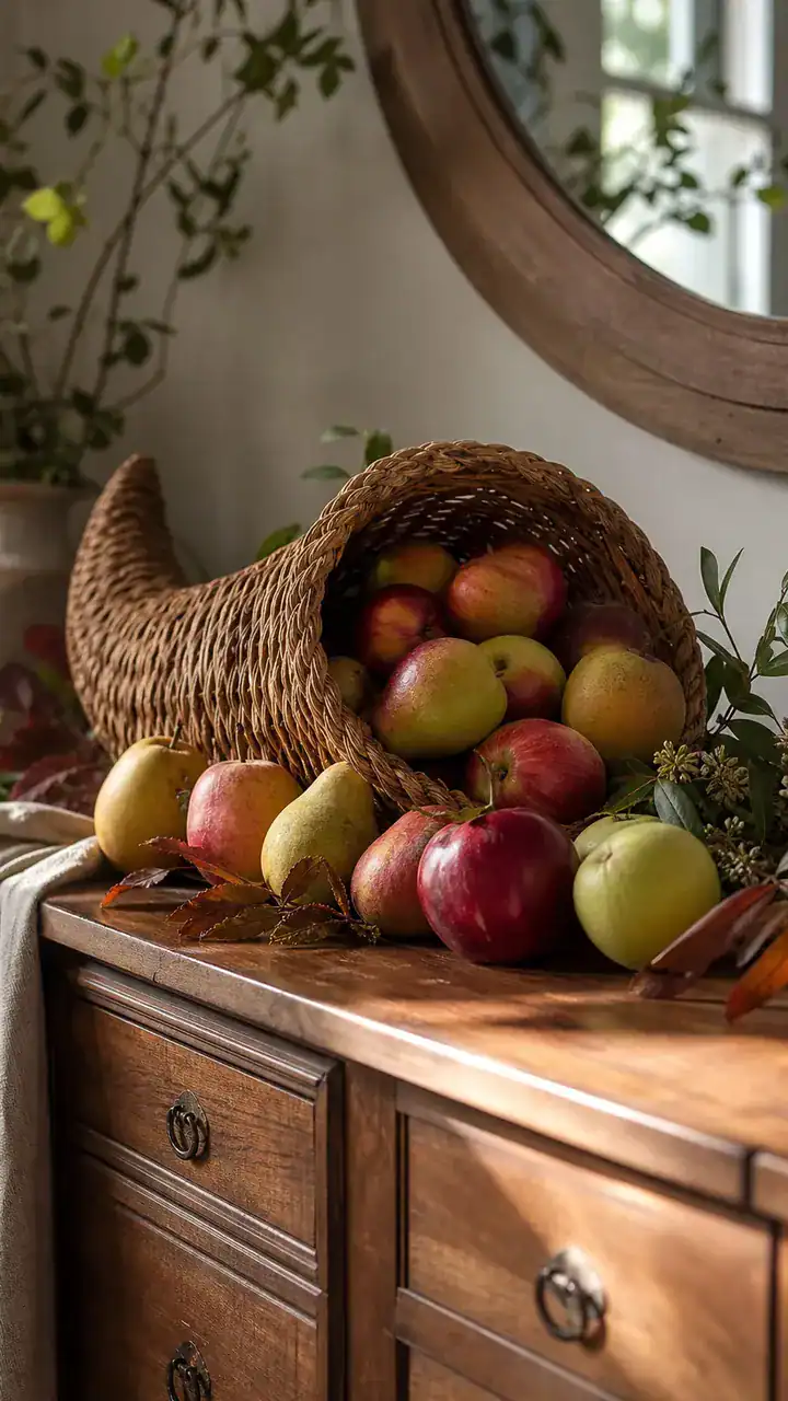12. The Cornucopia Basket Overflowing With Apples And Pears On The Sideboard