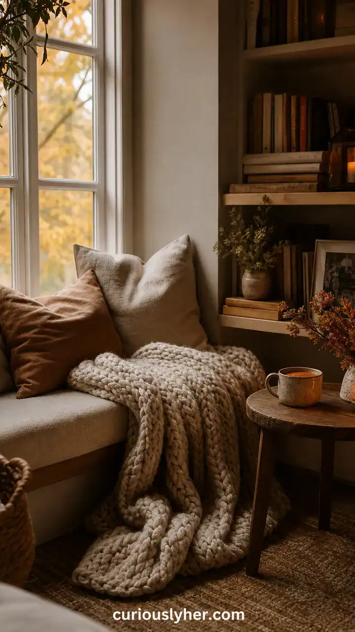 13. A Cozy Reading Nook With A Wool Blanket And A Mug Of Cider