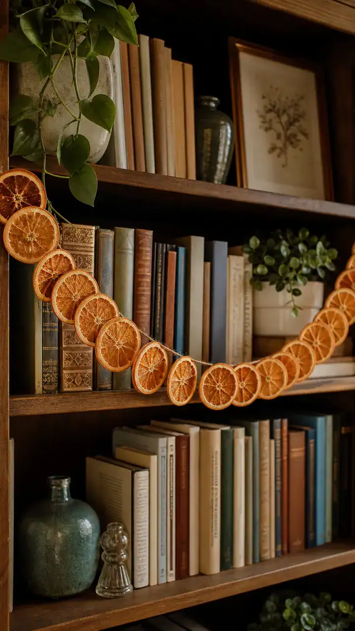 14. The Garland Of Dried Orange Slices Draped Across A Bookshelf