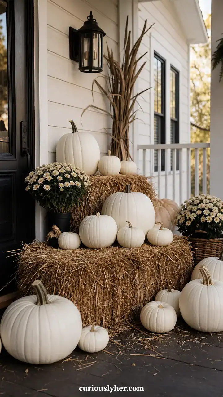 15. A Porch Stacked With White Pumpkins And Hay Bales