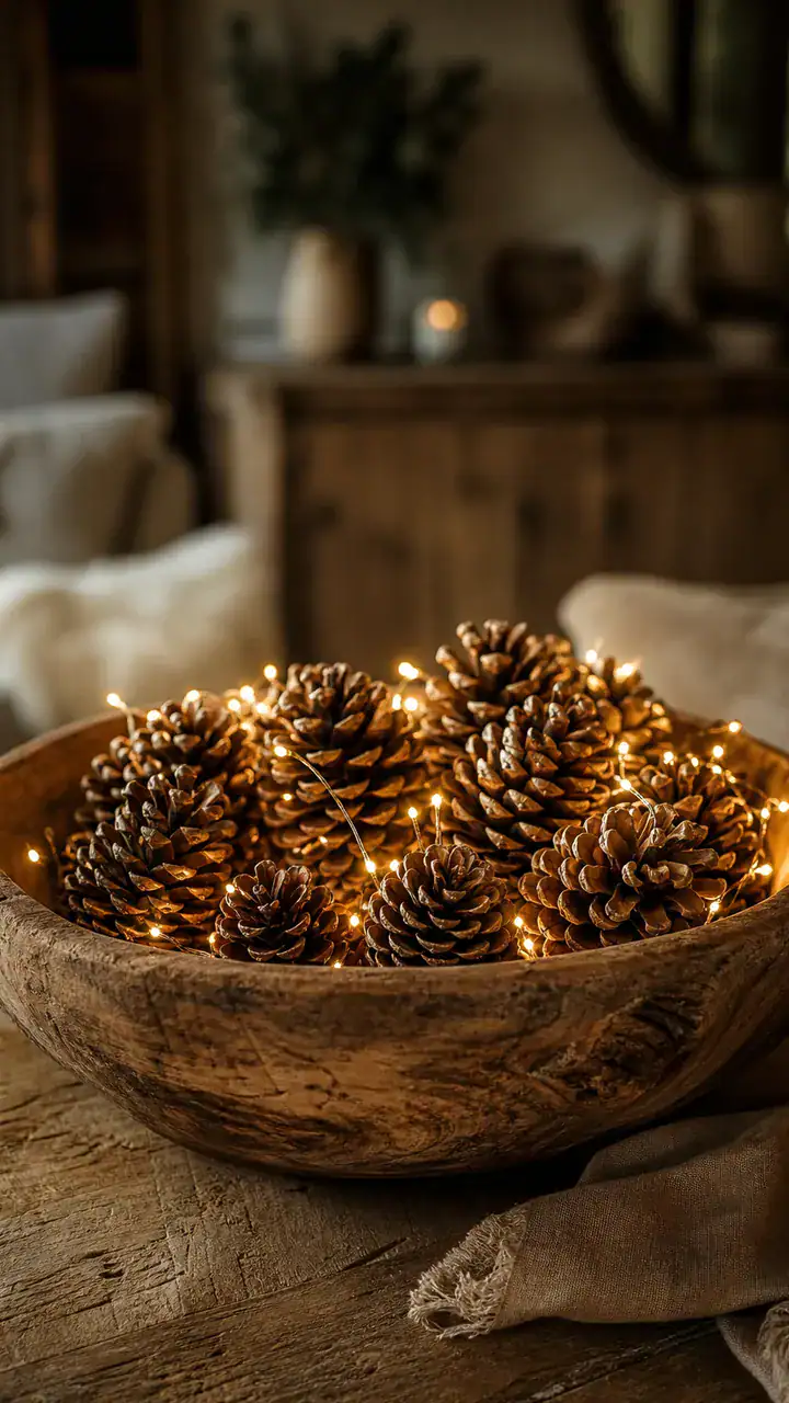 17. A Rustic Wooden Bowl Filled With Pinecones And Twinkle Lights