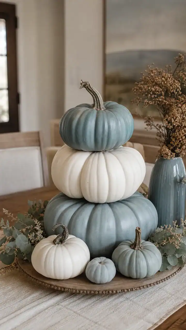 3. A Pumpkin Centerpiece Stacked in Dusty Blue and White