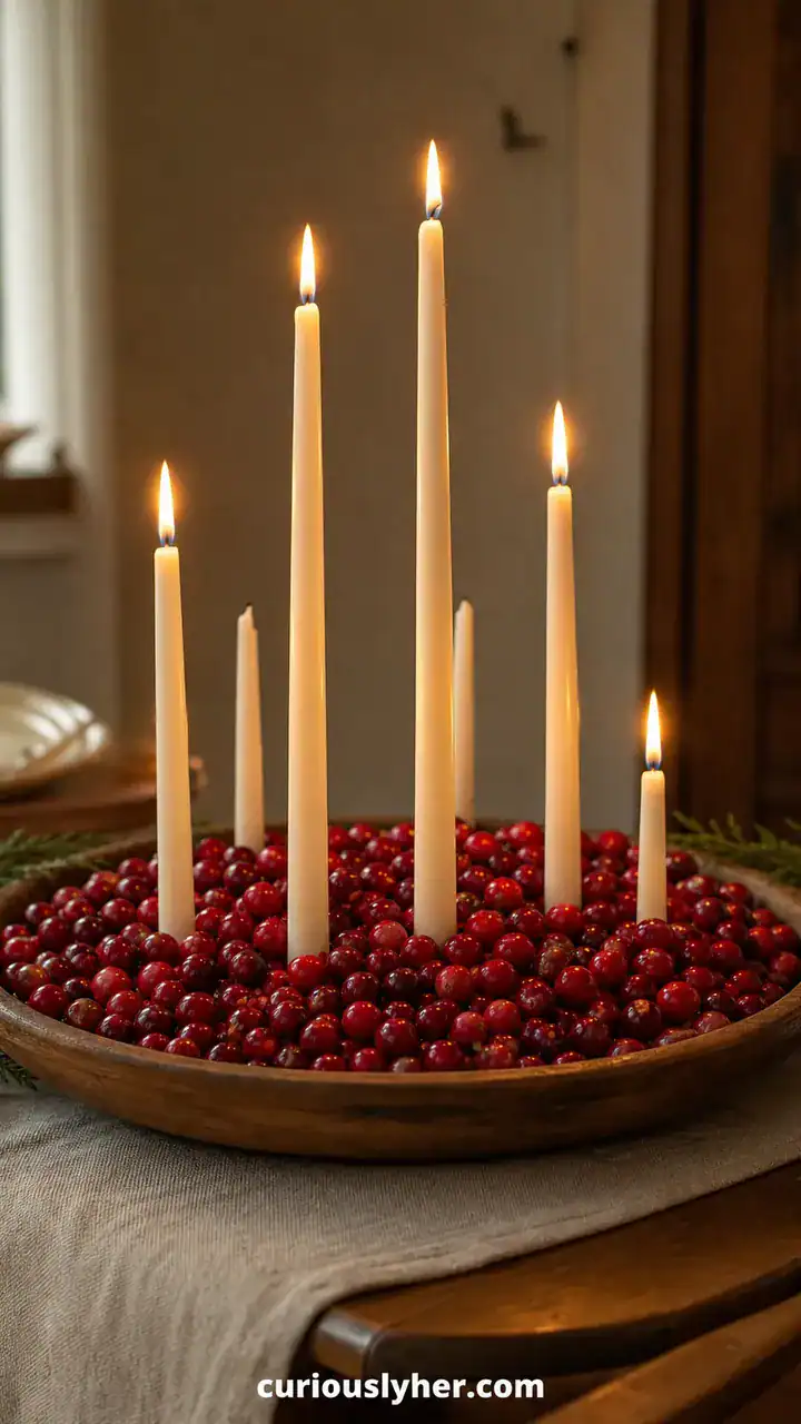6. Floating Taper Candles Over a Bed of Cranberries