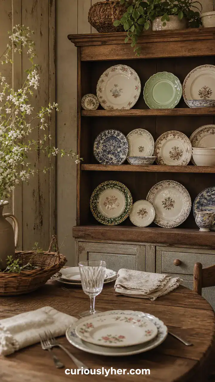 7. A Rustic Farmhouse Setup With Mismatched Vintage Plates