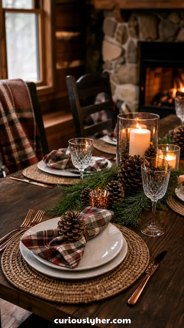 8. The Cozy Cabin Feel With Pinecones and Plaid Napkins