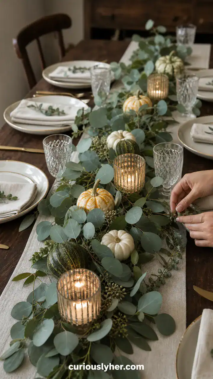9. A Fresh Greenery Runner With Eucalyptus and Tiny Gourds