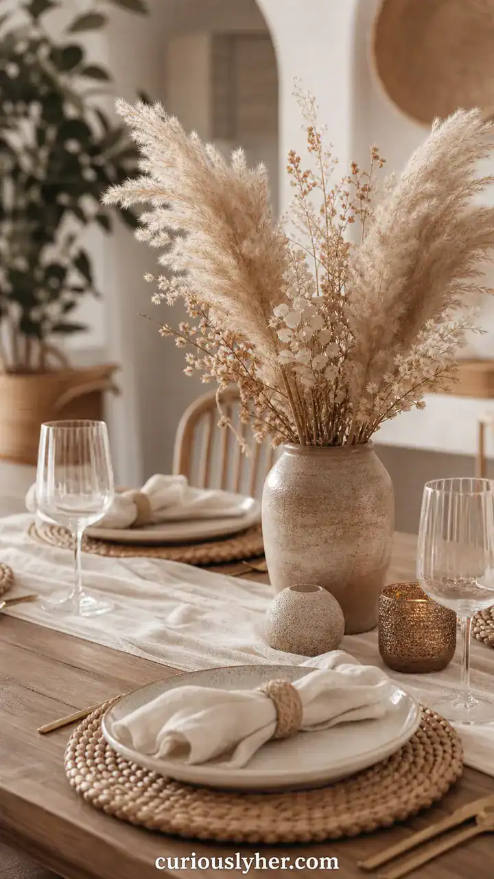 11. A Neutral Boho Table With Pampas Grass and Woven Chargers