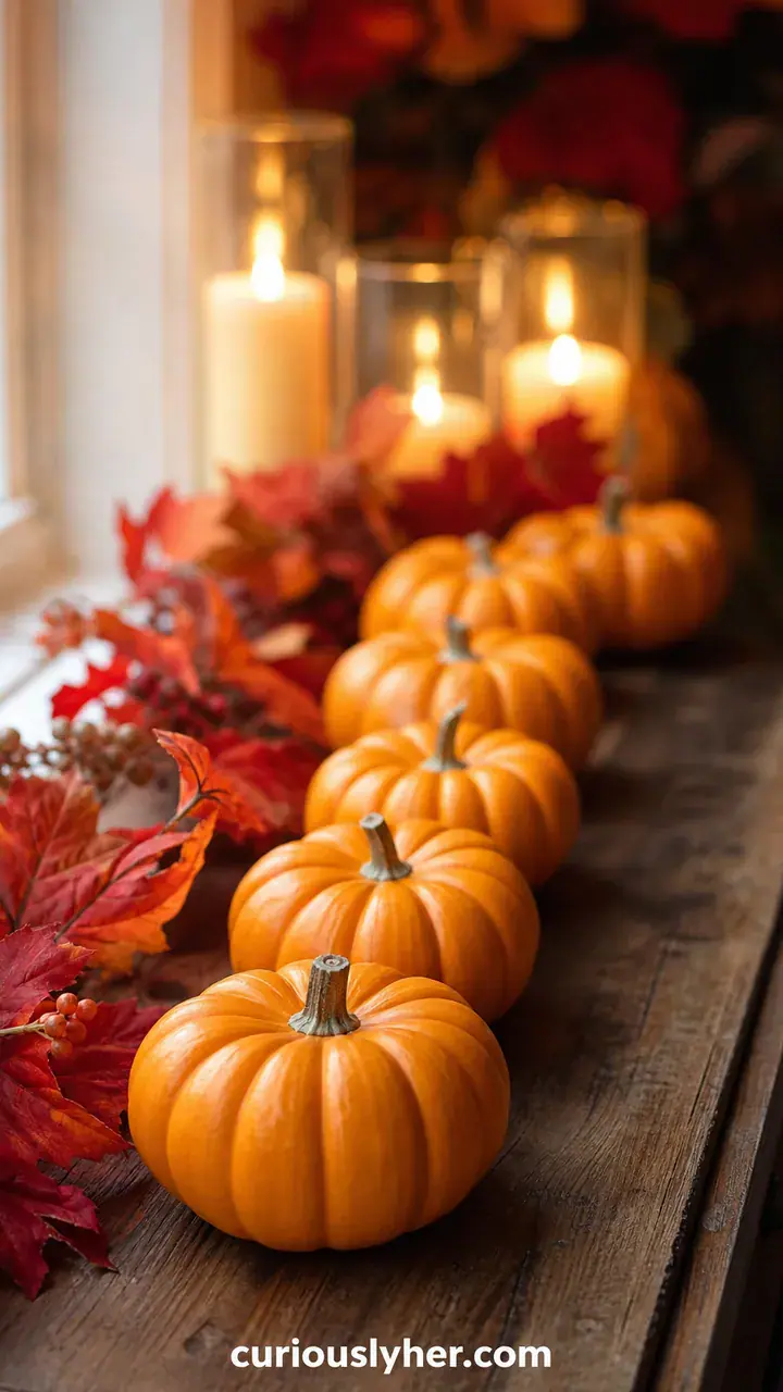 12. The Orange Glow of Mini Pumpkins Lined Up in a Row