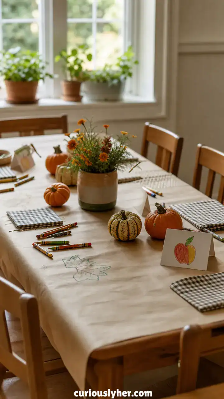 13. A Kids’ Table With Brown Paper Runners and Crayon Place Cards