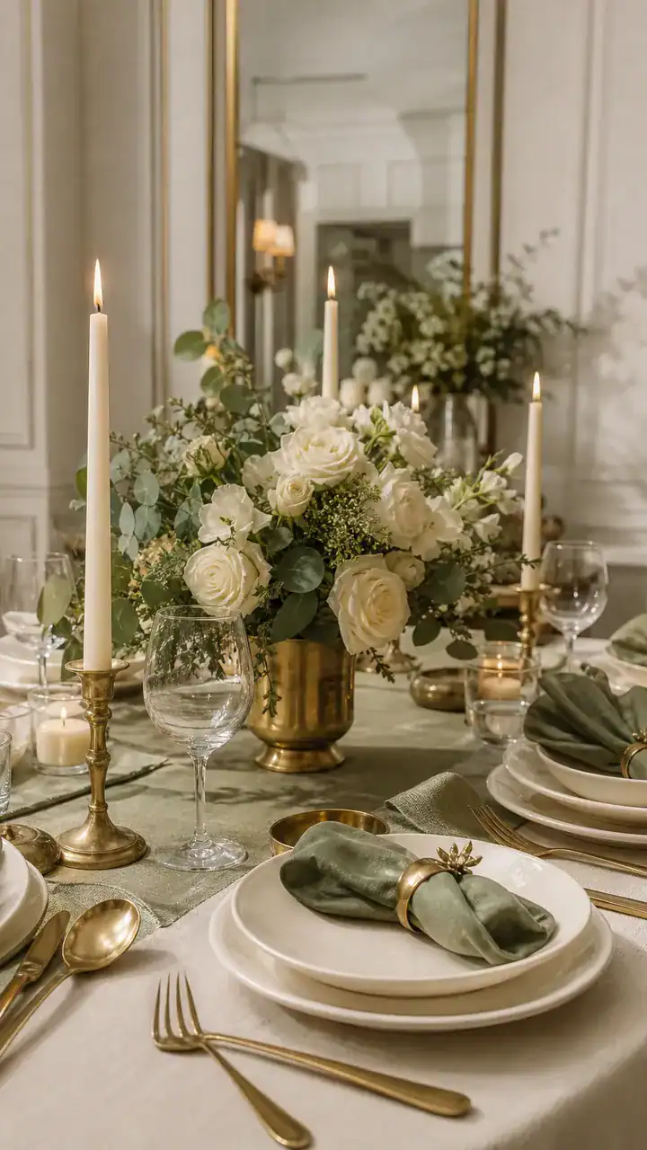 14. An Elegant Dinner in Ivory, Sage Green, and Brass