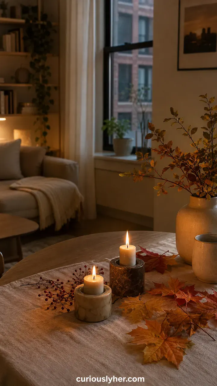 16. A Tiny Apartment Table With Short Candle Holders and Fall Leaves