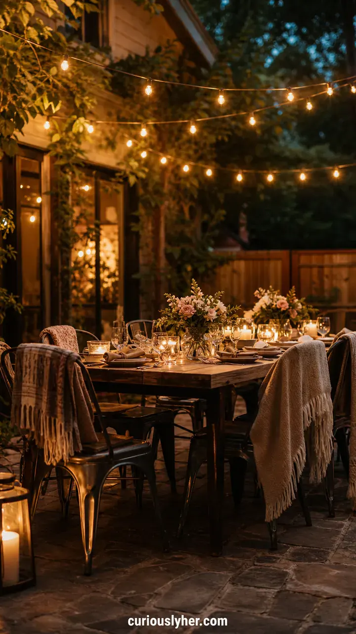 20. The Outdoor Patio Feast With String Lights and Blankets on Chairs