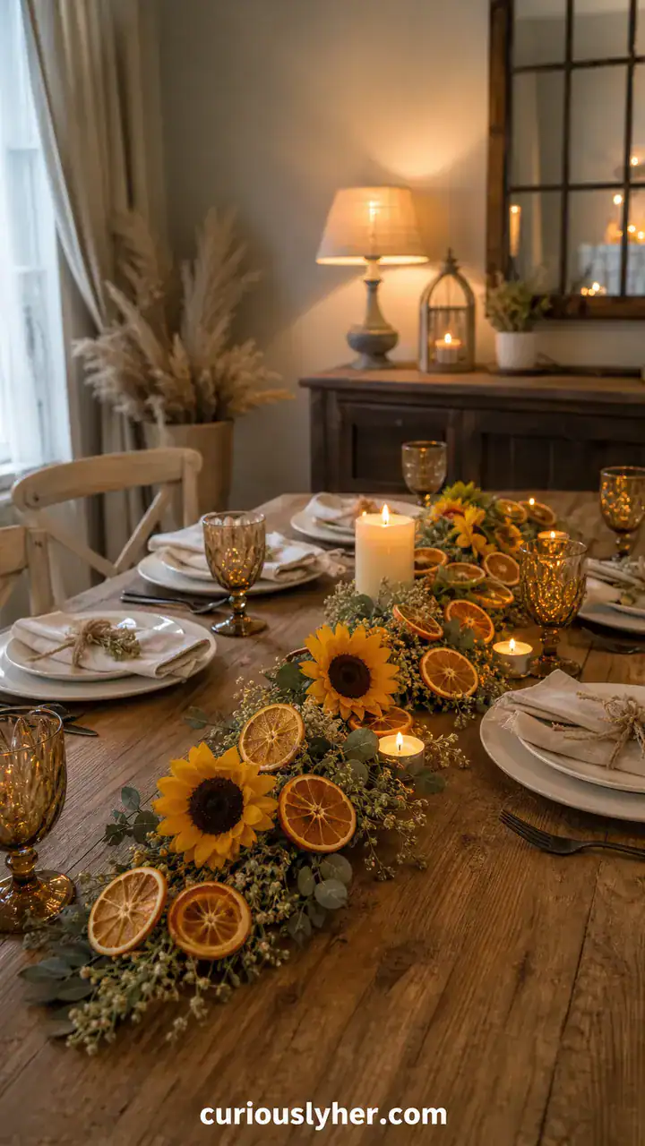 21. A Sunflower and Dried Orange Slice Garland Across the Table