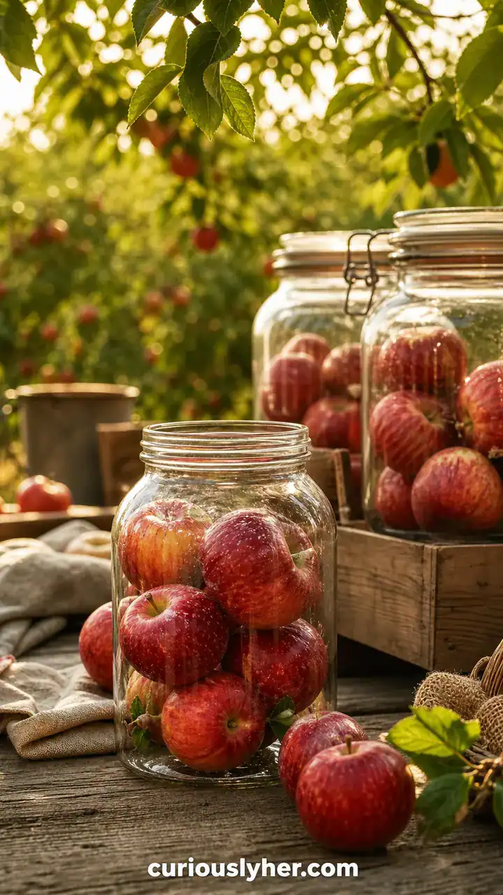 22. An Apple Orchard Look With Red Apples in Glass Jars