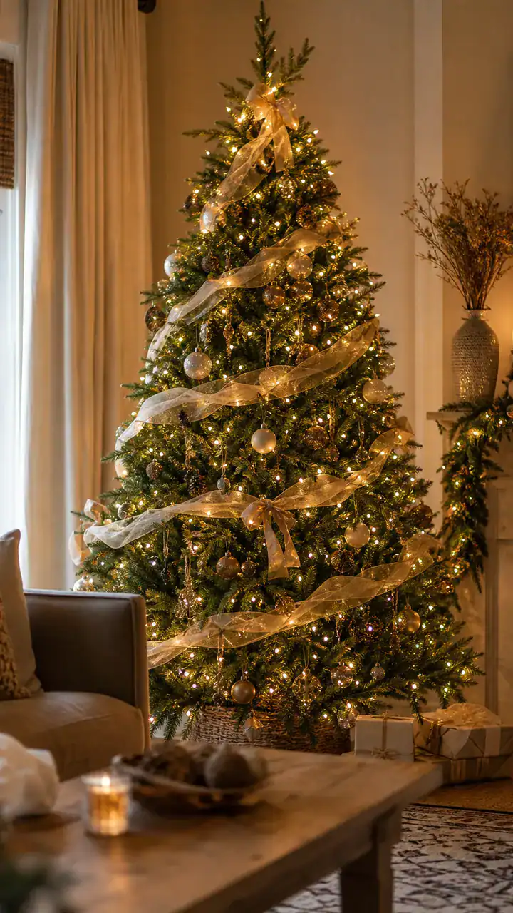 1. A Tree With Warm White Lights And Soft Ribbon That Looks Like It Belongs In A Living Room Scene
