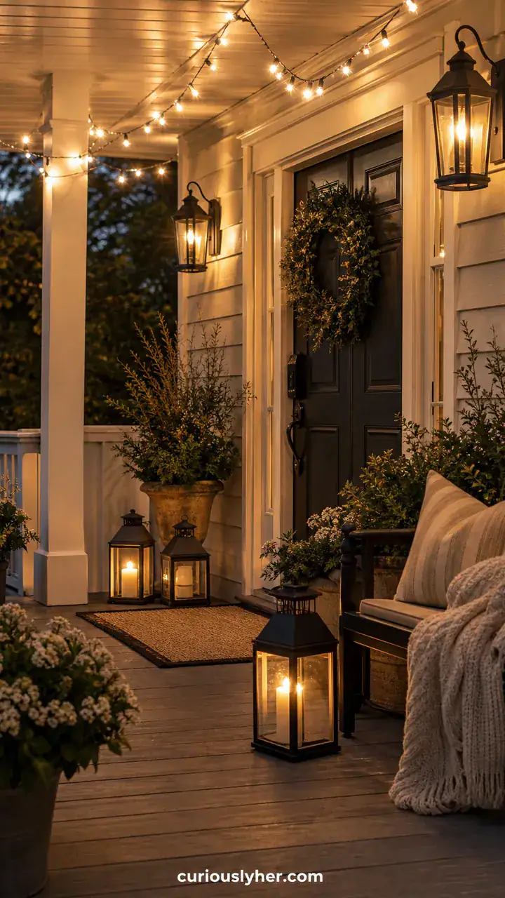 5. A Porch With Lanterns, Twinkle Lights, And A Cozy Welcome Look