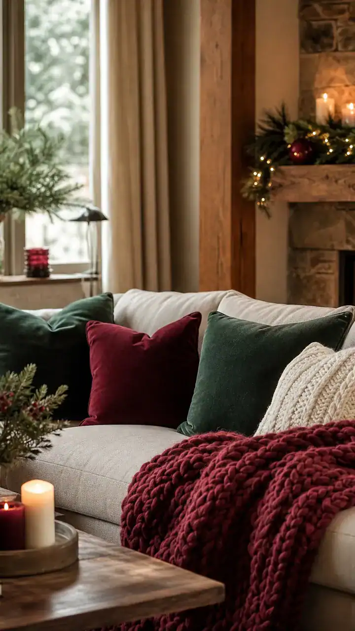 6. A Living Room With A Chunky Knit Throw And Pillows In Deep Holiday Colors