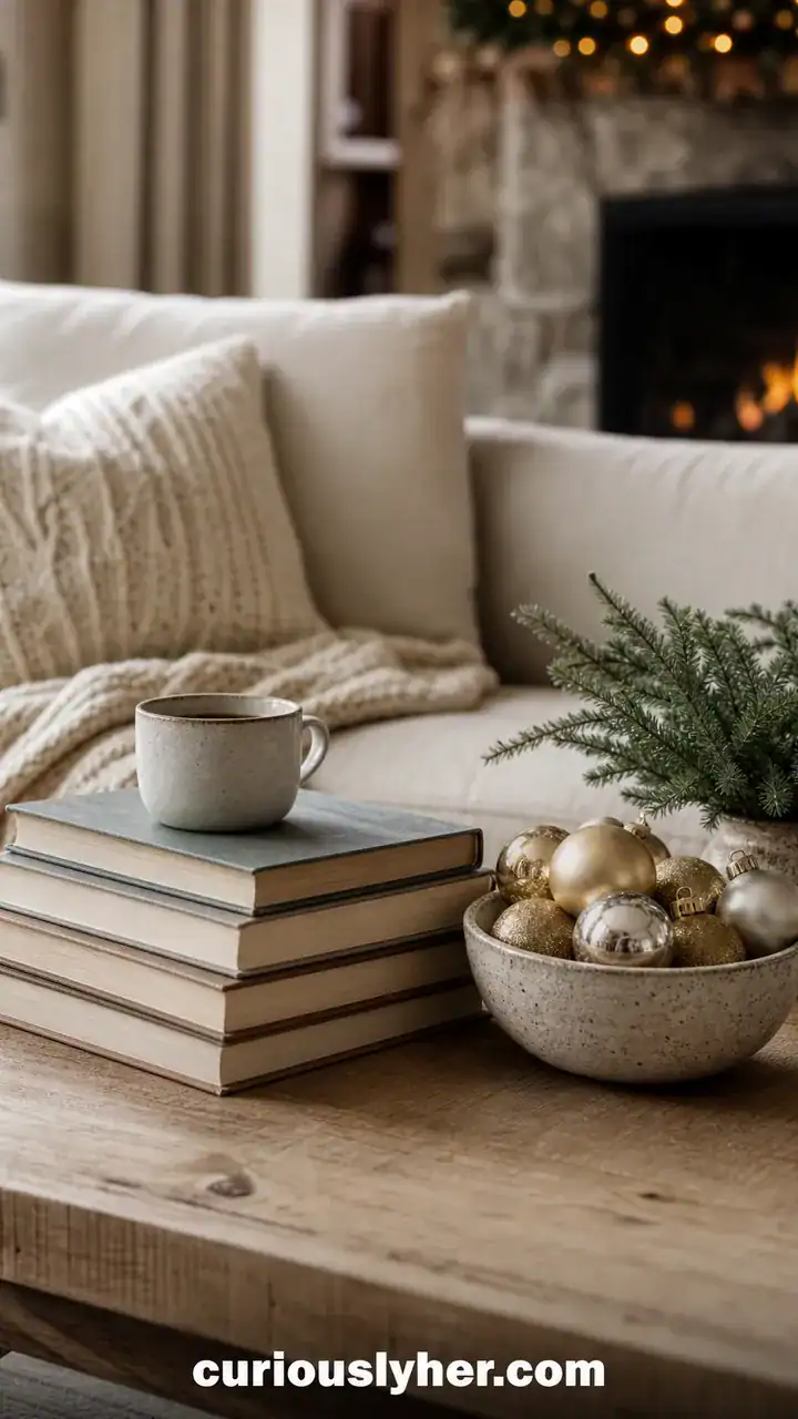 7. A Coffee Table With A Stack Of Winter Books And A Little Bowl Of Ornaments